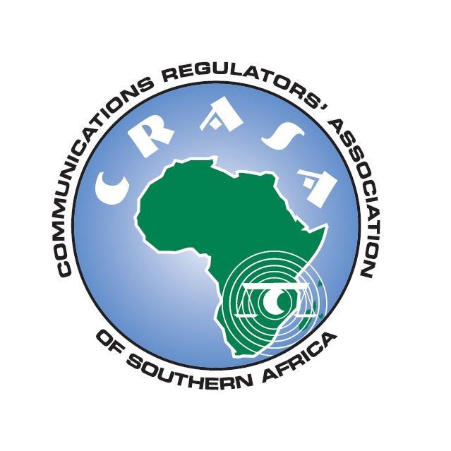 CRASA logo: green Africa map on blue globe scale symbol with rings emanating from it placed in south east, CRASA written above Africa in white letters