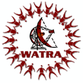 WATRA logo - satellite dish with ring of persons around it WATRA written below satellite dish