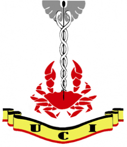 Rod of Asclepius on top of a red crab above banner with letters UCI, the UCI logo