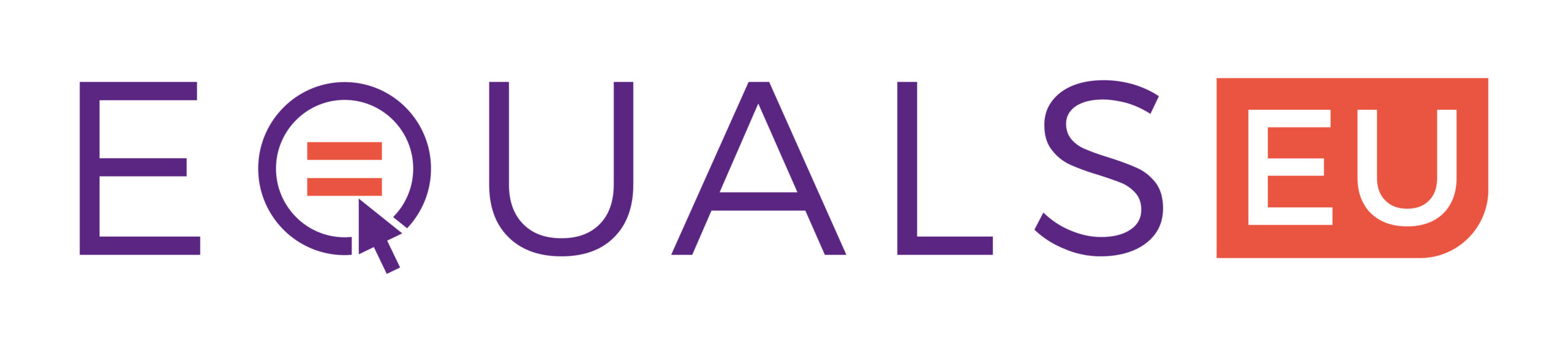 EQUALS EU logo: Equals text in purple, the q is formed of an o with an equals sign inside it, an arrow is about to click it to form the letter q. EU written in white in an orange box