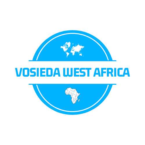 Vosieda logo blue text vosieda west africa over the middle of a  blue circle with world map over text and african map under the text