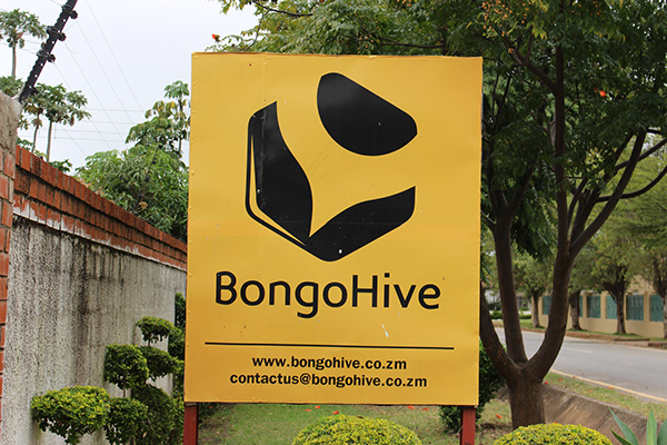 Bongo hive sign in yellow with black logo and text outside the bongo hive site in Zambia