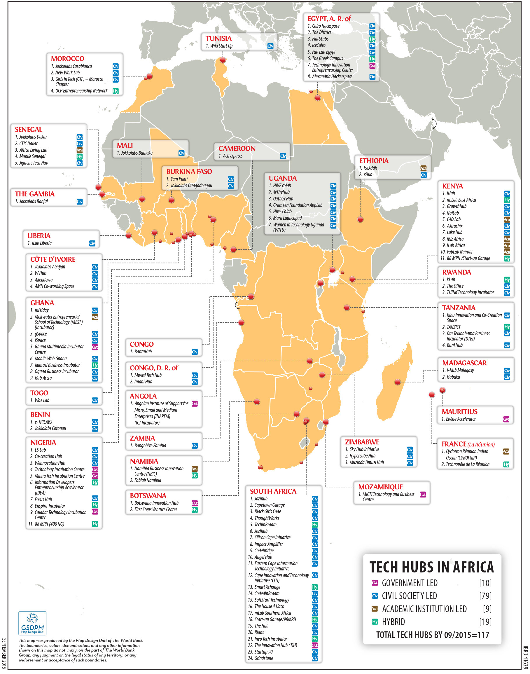 Map of Africa showing where tech hubs are located