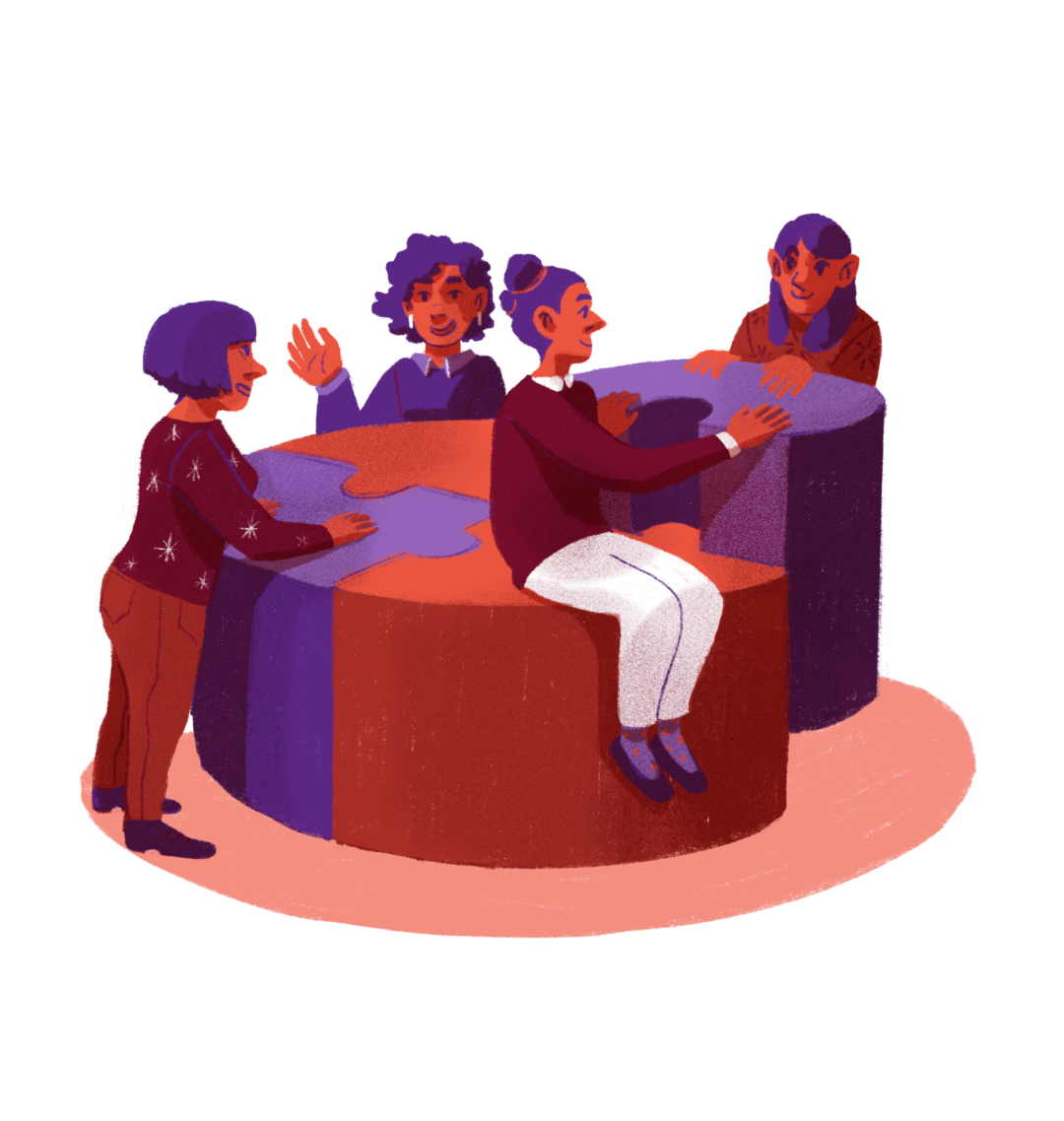 illustration in red and purple of women and nonbinary persons engaged in conversation