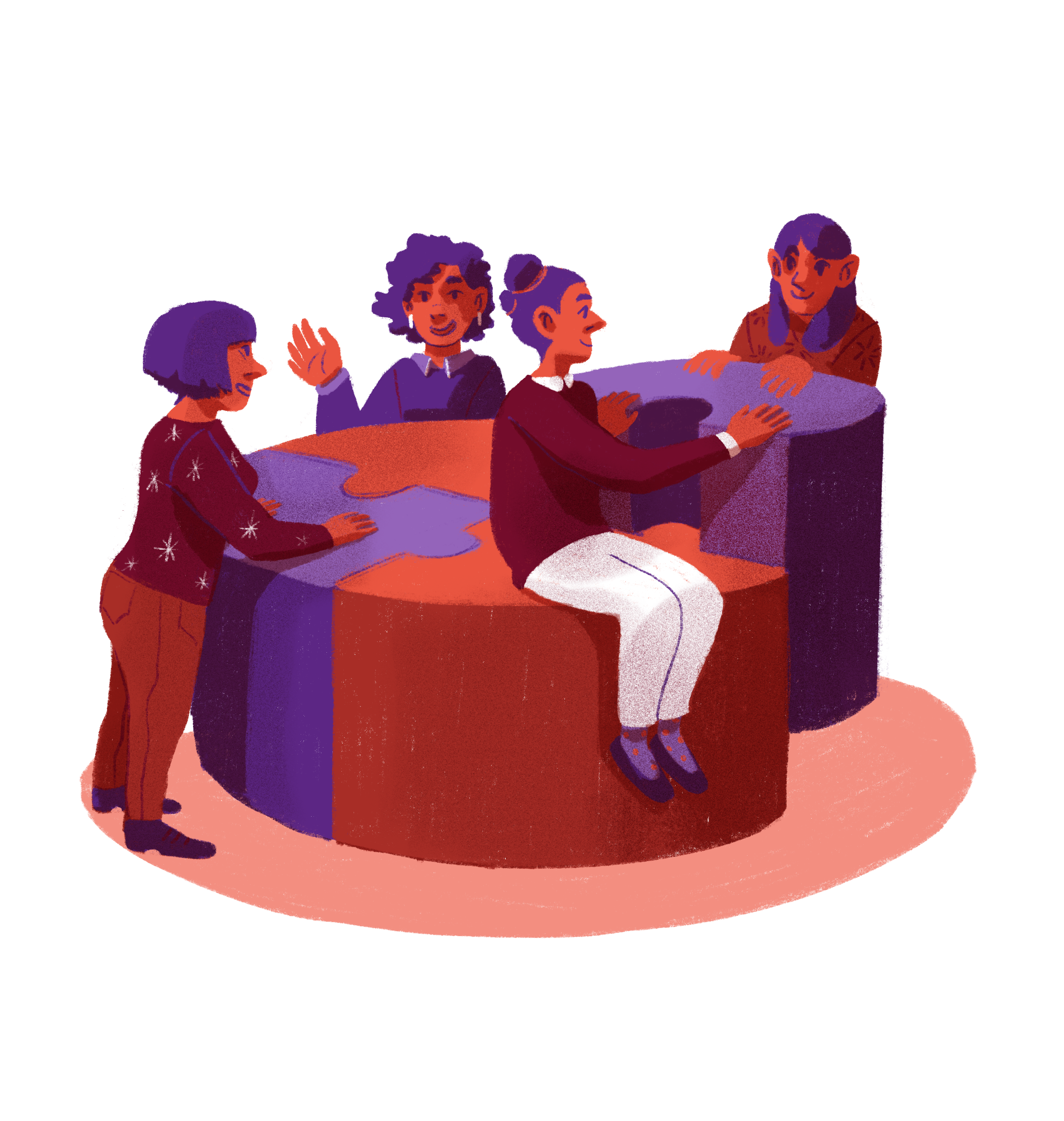 illustration in red and purple of women and nonbinary persons engaged in conversation