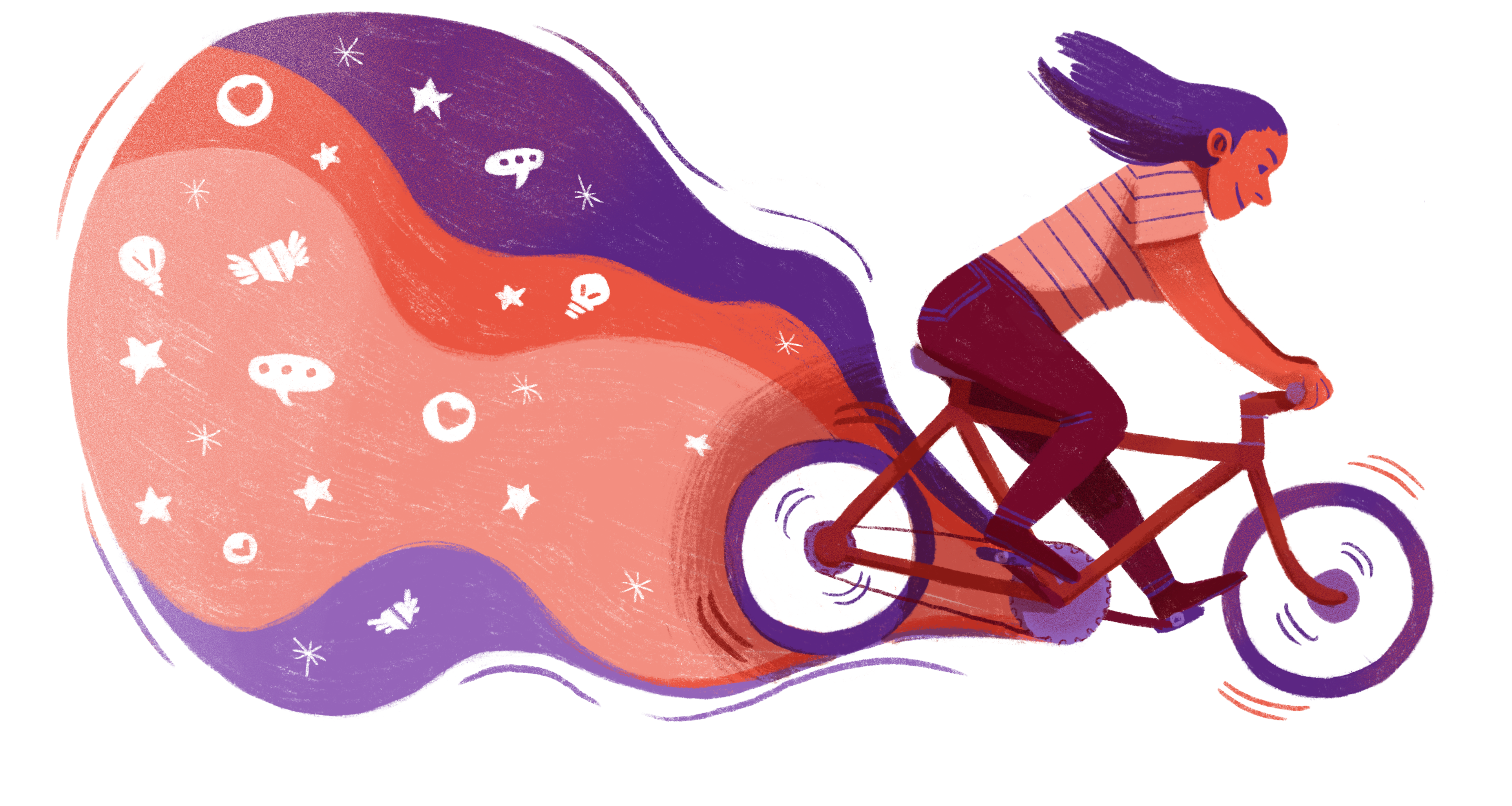 Illustration in red and purpe of a woman on a bike stirring up a cloud of stars, lightbulbs and speech bubbles