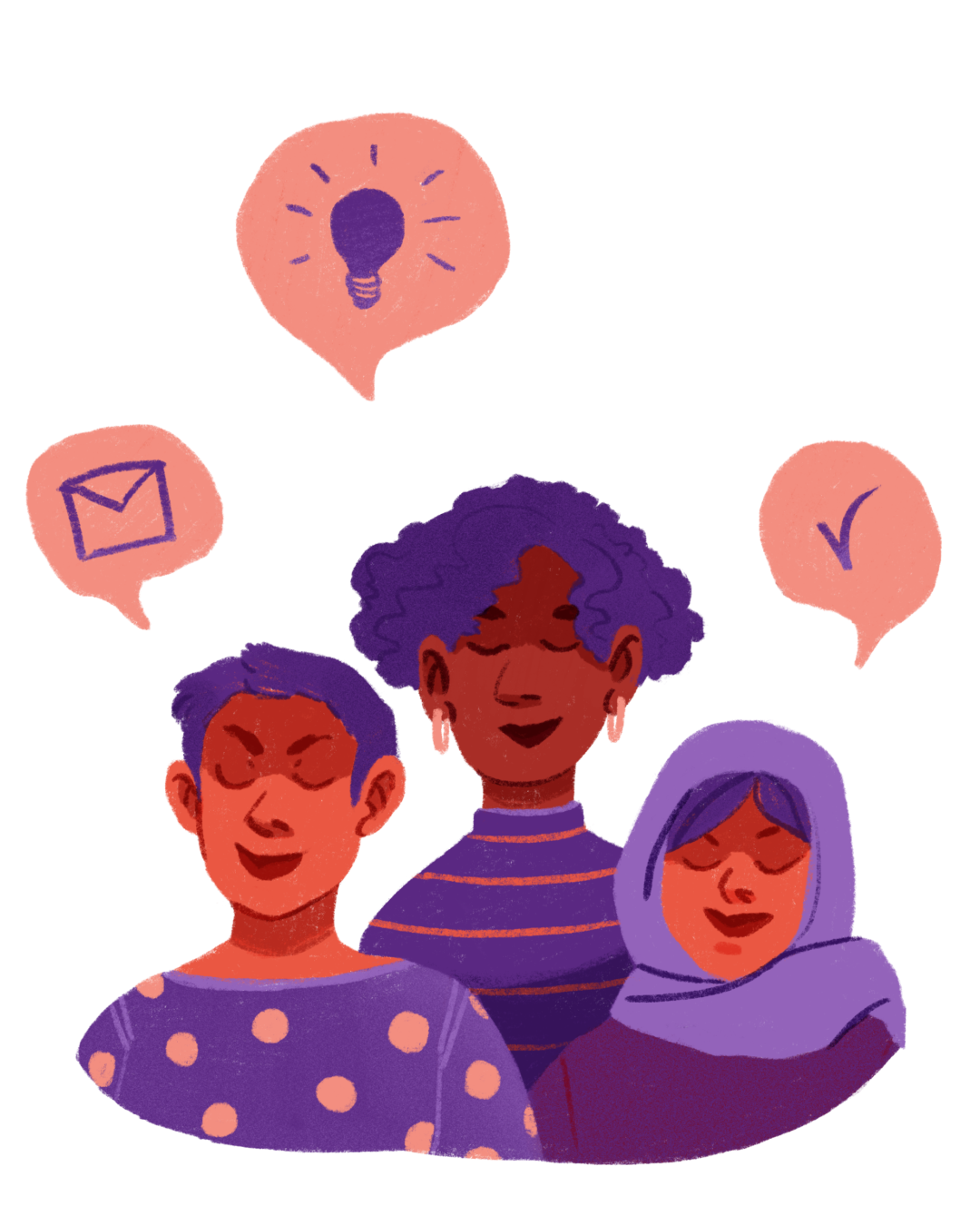 illustration in red and purple of three women/nonbinary persons with closed eyes speech bubbles with lightbulb icon, envelope icon and check mark icon above their heads