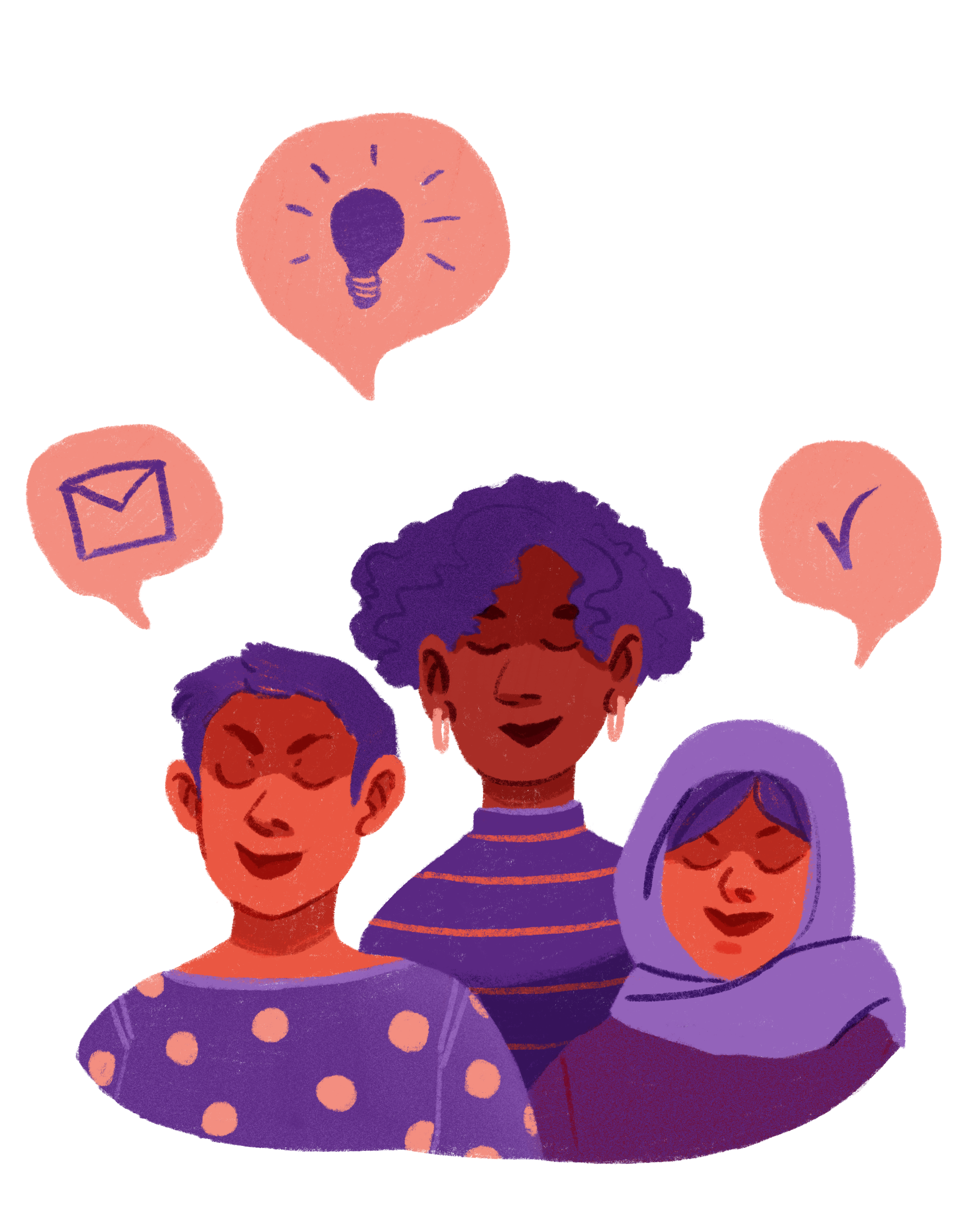 illustration in red and purple of three women/nonbinary persons with closed eyes speech bubbles with lightbulb icon, envelope icon and check mark icon above their heads