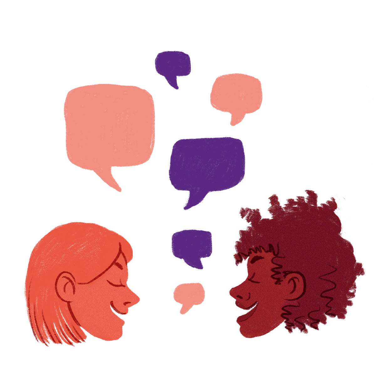 Illustration of two women facing each other, talking and several speech bubbles between them